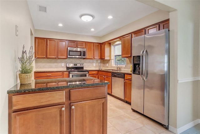 kitchen featuring visible vents, a peninsula, a sink, decorative backsplash, and stainless steel appliances