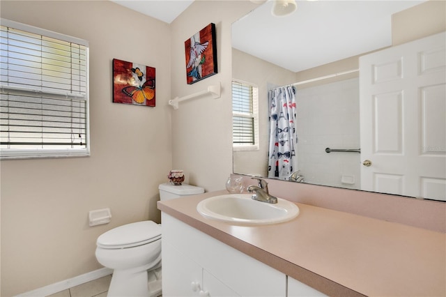 full bath featuring a shower with curtain, toilet, tile patterned flooring, baseboards, and vanity