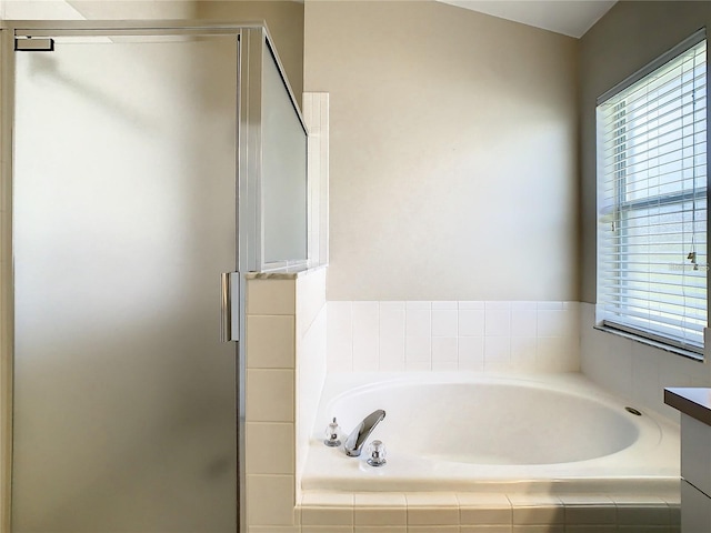 bathroom with a garden tub, a stall shower, and a wealth of natural light