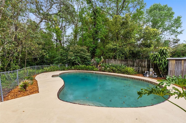 view of pool featuring a fenced in pool, a fenced backyard, and a patio area