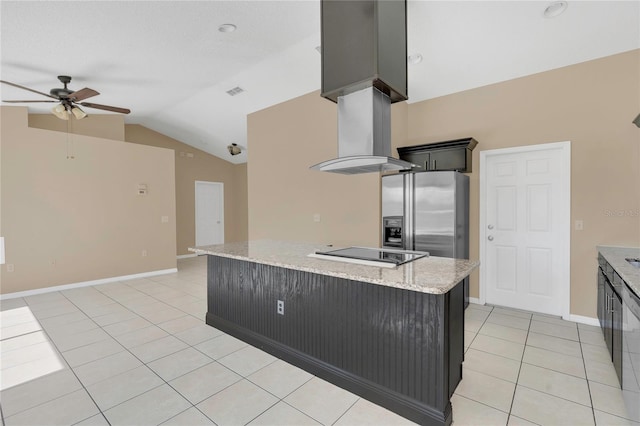 kitchen with ceiling fan, stainless steel fridge with ice dispenser, light tile patterned floors, island range hood, and black electric cooktop