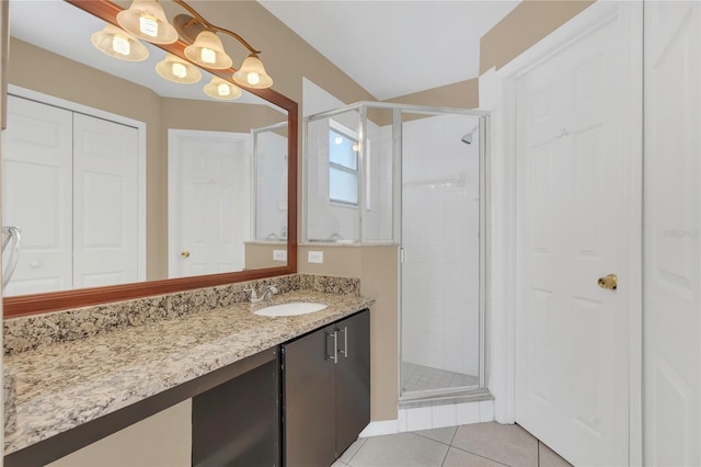 full bath with vanity, a shower stall, a closet, and tile patterned floors