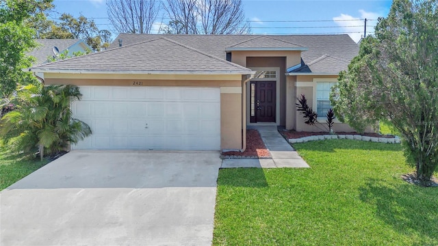 ranch-style home featuring a shingled roof, a front lawn, concrete driveway, stucco siding, and an attached garage