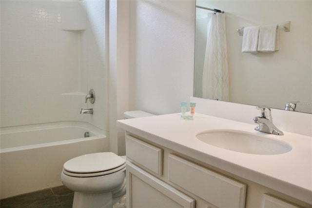 full bathroom featuring vanity, tile patterned floors, toilet, and shower / tub combo with curtain