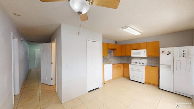 kitchen with a ceiling fan, backsplash, a textured ceiling, white appliances, and light tile patterned flooring