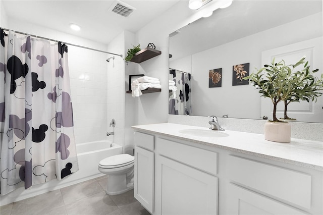 bathroom with visible vents, shower / bath combo with shower curtain, toilet, tile patterned flooring, and vanity