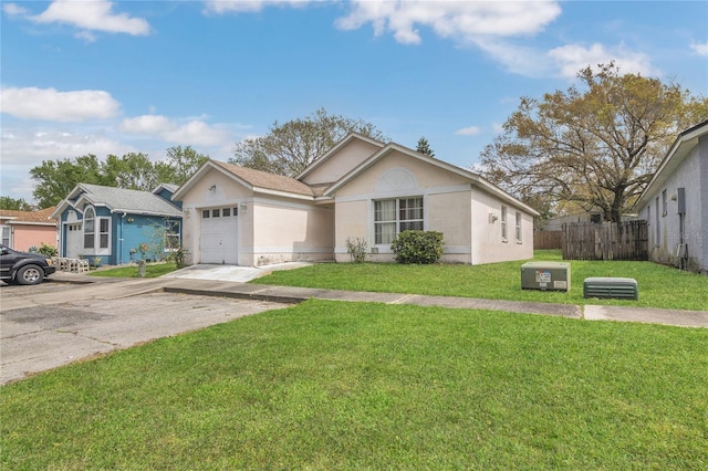 single story home with fence, concrete driveway, a front yard, stucco siding, and an attached garage