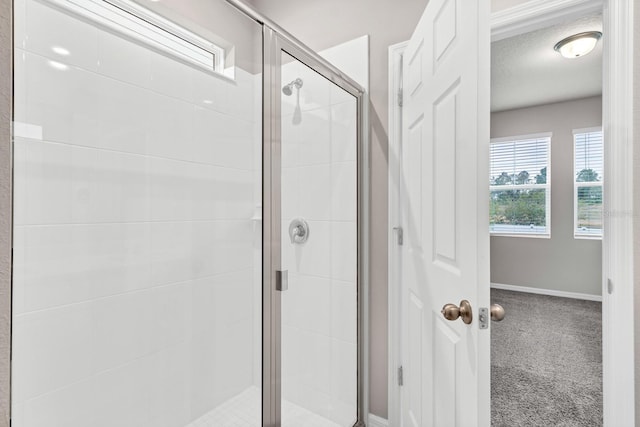 full bathroom with baseboards and a shower stall