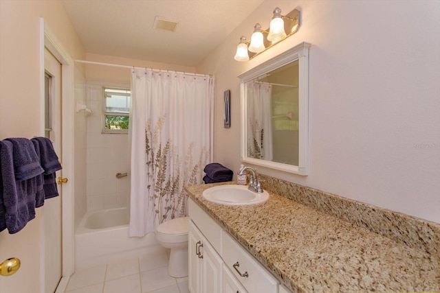 bathroom featuring tile patterned flooring, vanity, toilet, shower / bathtub combination with curtain, and visible vents