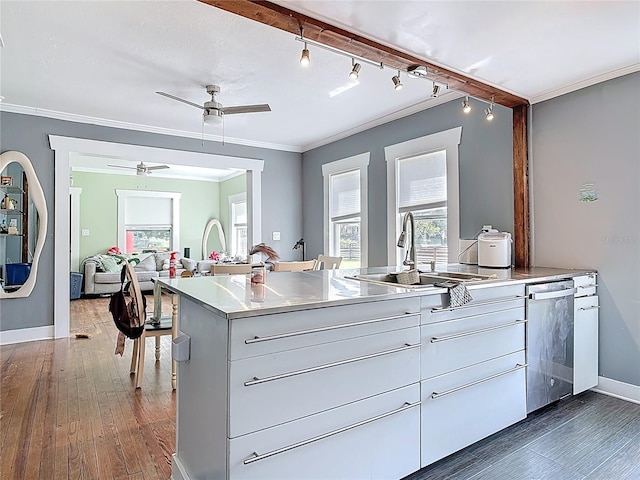 kitchen featuring a sink, ornamental molding, stainless steel counters, stainless steel dishwasher, and dark wood-style flooring