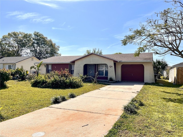 ranch-style house featuring a front lawn, concrete driveway, a garage, and stucco siding