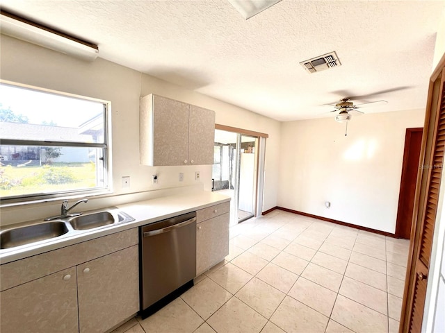 kitchen featuring visible vents, ceiling fan, a sink, light countertops, and dishwasher