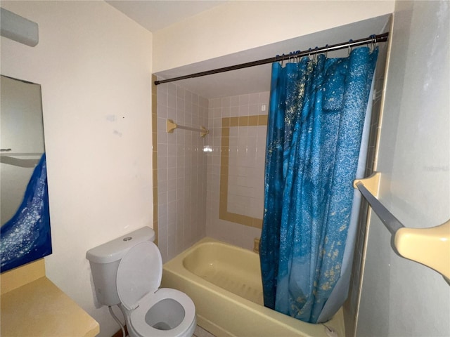 bathroom featuring toilet and shower / bath combination with curtain