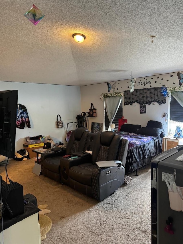 carpeted bedroom with a textured ceiling