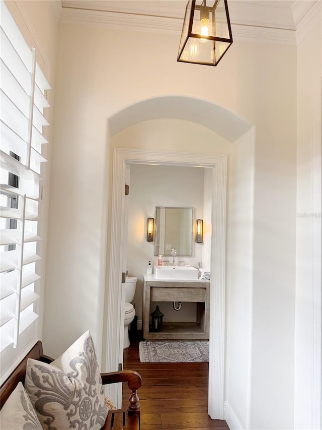 half bathroom featuring vanity, toilet, crown molding, and wood finished floors