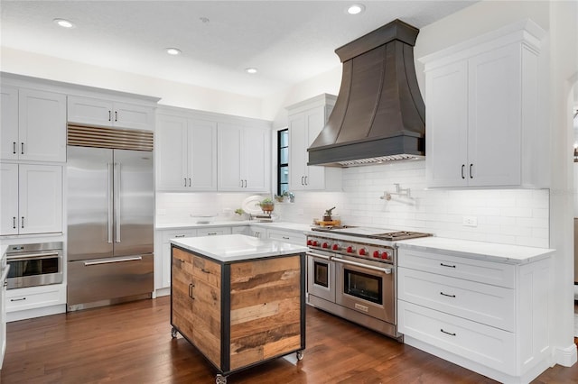 kitchen with dark wood finished floors, custom range hood, high quality appliances, and tasteful backsplash