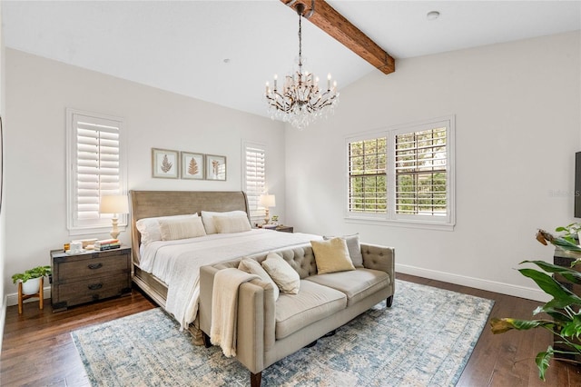 bedroom featuring a chandelier, vaulted ceiling with beams, baseboards, and wood-type flooring