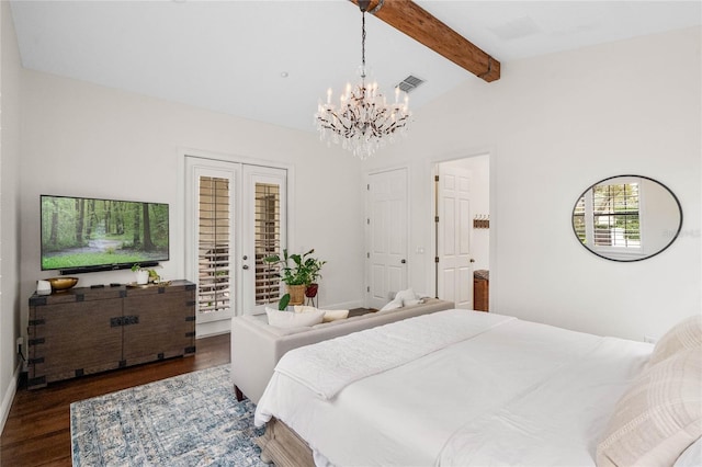 bedroom with visible vents, wood finished floors, an inviting chandelier, access to exterior, and vaulted ceiling with beams