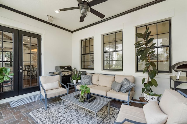 view of patio featuring grilling area, french doors, outdoor lounge area, and ceiling fan