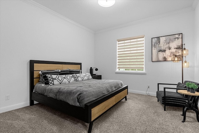 carpeted bedroom with crown molding and baseboards