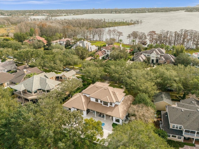 aerial view featuring a residential view and a water view