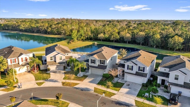 bird's eye view featuring a forest view, a residential view, and a water view