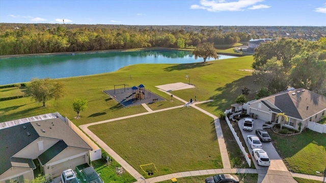 bird's eye view with a water view