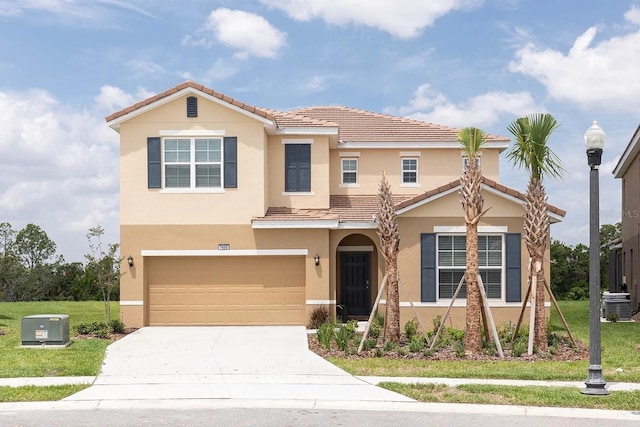 view of front of house featuring stucco siding, concrete driveway, an attached garage, and a tiled roof