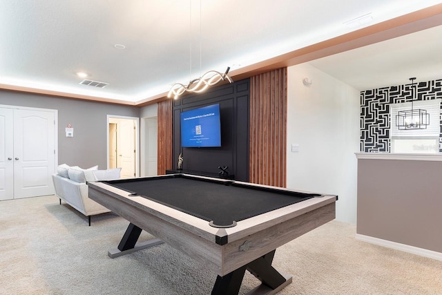 rec room with visible vents, baseboards, carpet, and billiards