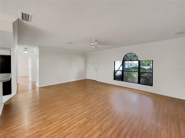 unfurnished living room with visible vents, a textured ceiling, light wood-style flooring, and a ceiling fan