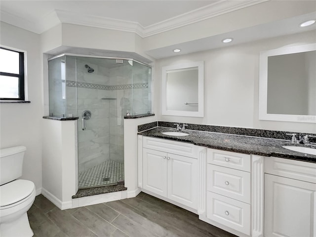 full bathroom featuring a sink, toilet, ornamental molding, and double vanity