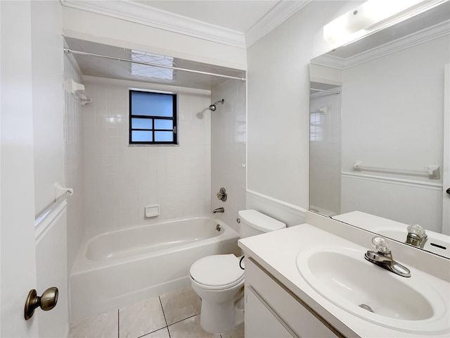 full bathroom with tile patterned flooring,  shower combination, toilet, and ornamental molding