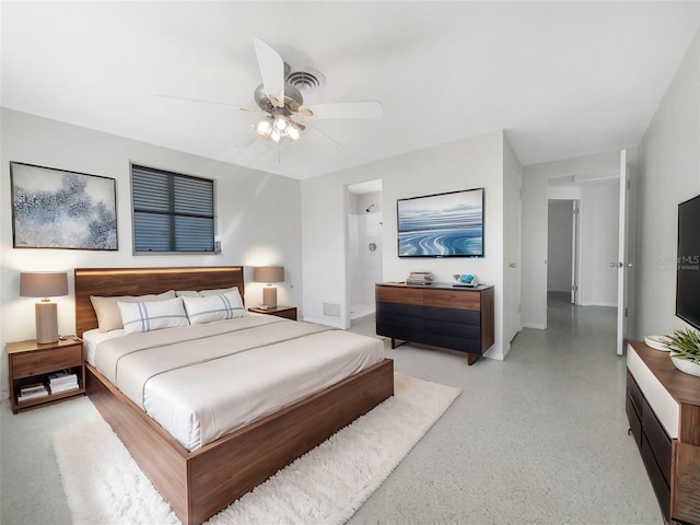 bedroom with light speckled floor and a ceiling fan