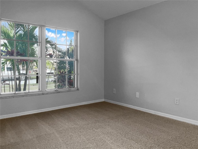 spare room featuring baseboards, carpet floors, and vaulted ceiling