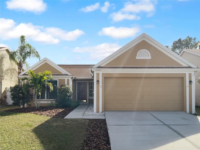 ranch-style home with stucco siding, driveway, a front lawn, and an attached garage