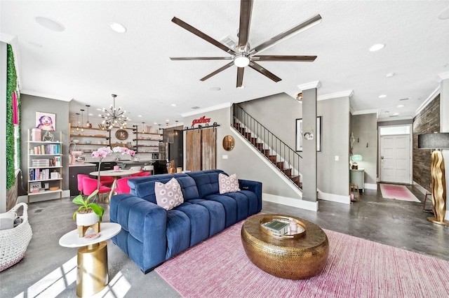 living room with ornamental molding, finished concrete flooring, recessed lighting, stairway, and baseboards