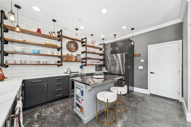 kitchen with stainless steel appliances, crown molding, stainless steel counters, and open shelves