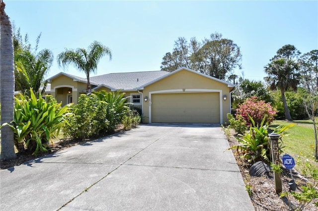 ranch-style home with stucco siding, a garage, and concrete driveway