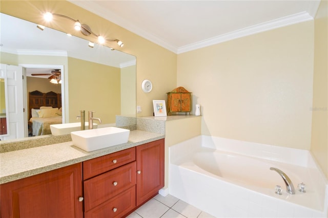 bathroom featuring a garden tub, ensuite bath, crown molding, tile patterned flooring, and vanity