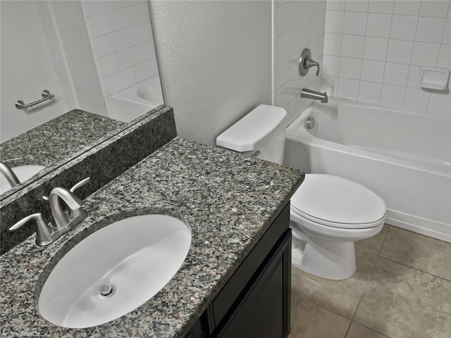 full bathroom with shower / tub combination, tile patterned flooring, toilet, and vanity