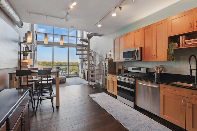 kitchen with a sink, dark countertops, backsplash, stainless steel appliances, and dark wood-style flooring