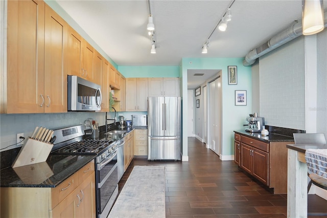 kitchen featuring dark wood-type flooring, a sink, backsplash, stainless steel appliances, and dark stone counters