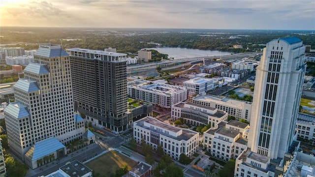 birds eye view of property with a view of city and a water view