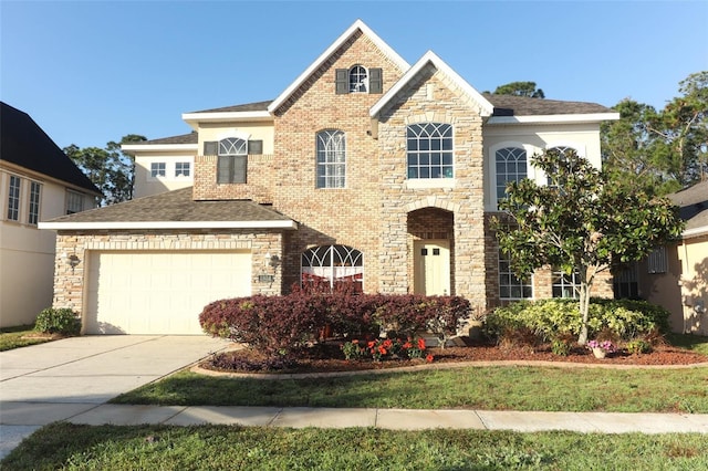 traditional home featuring stone siding, roof with shingles, and driveway