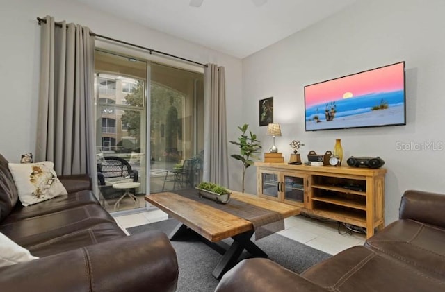 living room with tile patterned floors