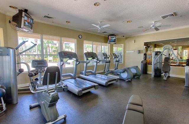 exercise room with visible vents, baseboards, a textured ceiling, and ornamental molding