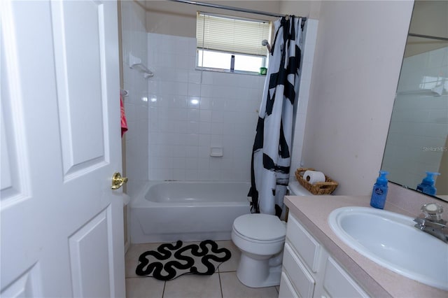 bathroom featuring vanity, tile patterned floors, shower / bath combination with curtain, and toilet