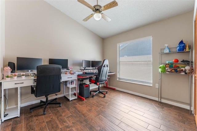 office space with ceiling fan, a textured ceiling, wood finished floors, and vaulted ceiling