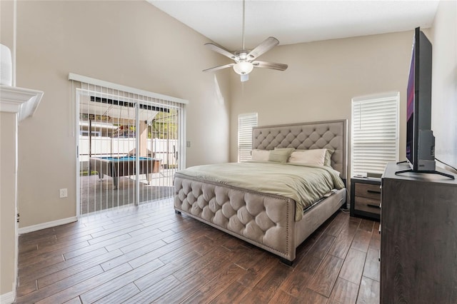 bedroom featuring high vaulted ceiling, access to outside, baseboards, ceiling fan, and dark wood-style flooring