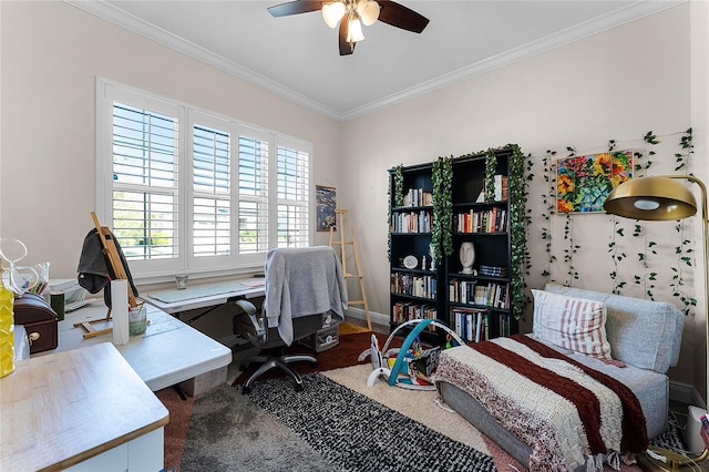 bedroom with a ceiling fan and ornamental molding